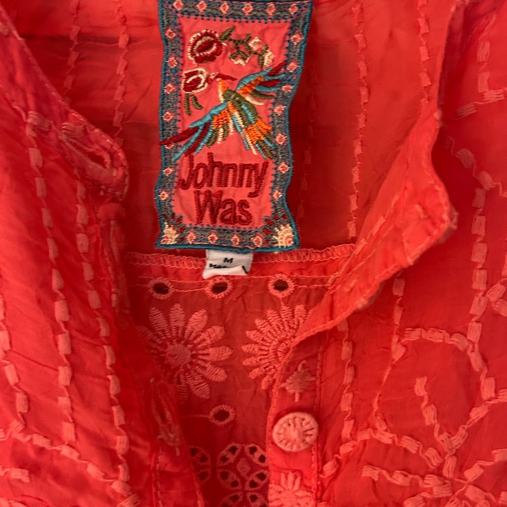 Johnny Was Embroidered Boho Sleeveless Top coral Floral Cotton Blouse Medium - Picture 6 of 10